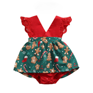 Ropa de bebé de vacaciones rojo verde impreso Navidad mameluco vestido niños pequeños trajes elegantes niñas pequeñas copo de nieve tejido - Product Image 1