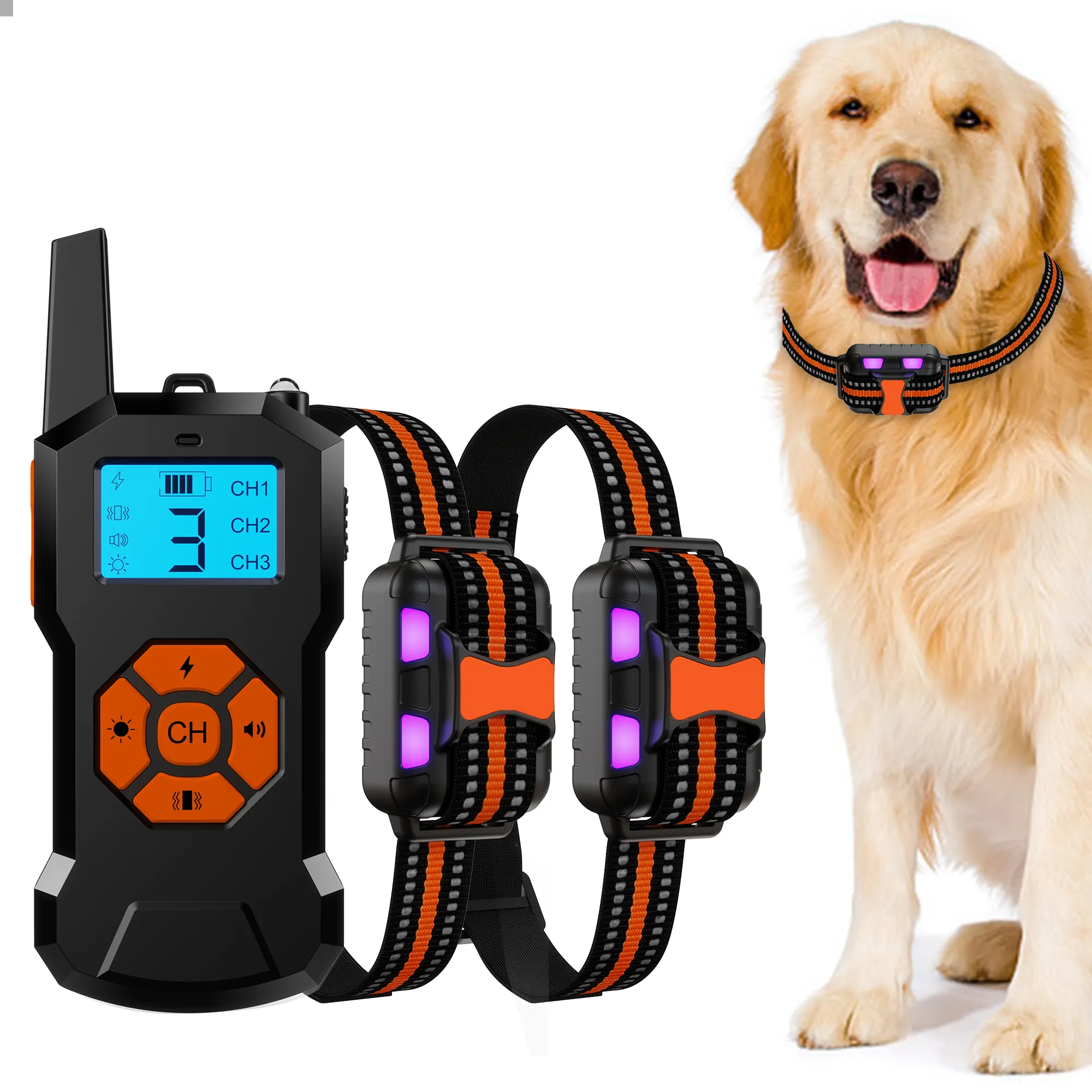 500 jardas IPX7 impermeável vibração elétrica cão treinamento remoto colar choque dog collar com luz LED