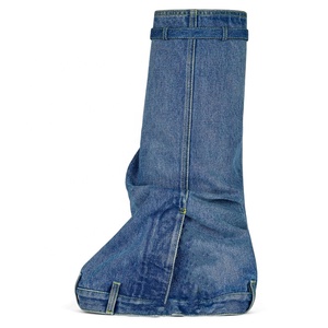 Denim Metallic Lock Shark <b>Boots</b> Cowgirls Zipper Thick Soles Knee High <b>Boots</b> Women Round Toe Slip-on Runway Party Shoes for Lady - Product Image 3