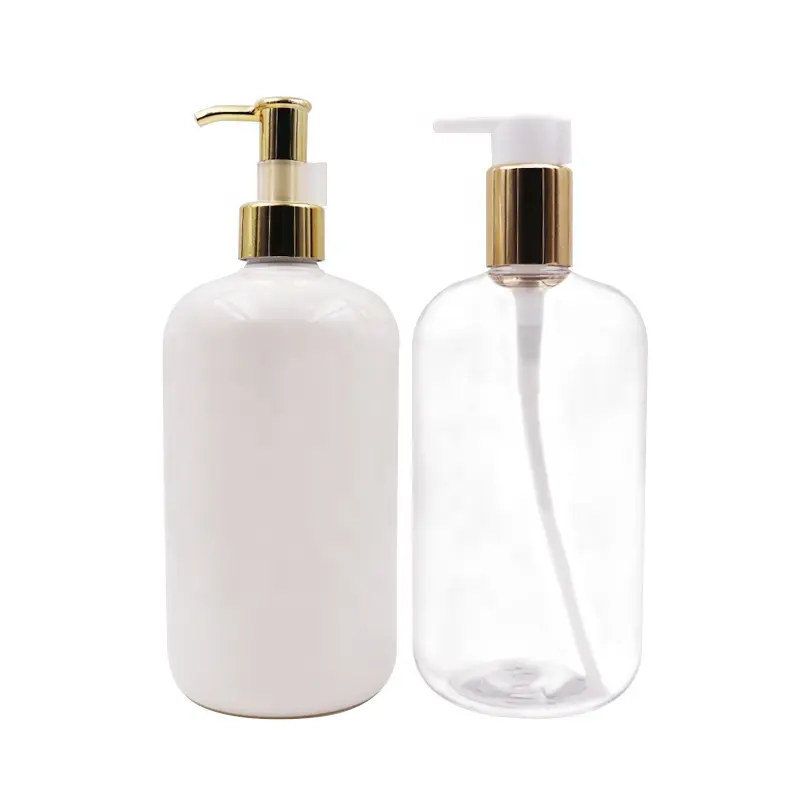 Leere Plastik pumpen flasche Transparent Weiß Klar 250ml 300ml 500ml 8 Unzen Haustier Shampoo flasche Mit Gold pumpe