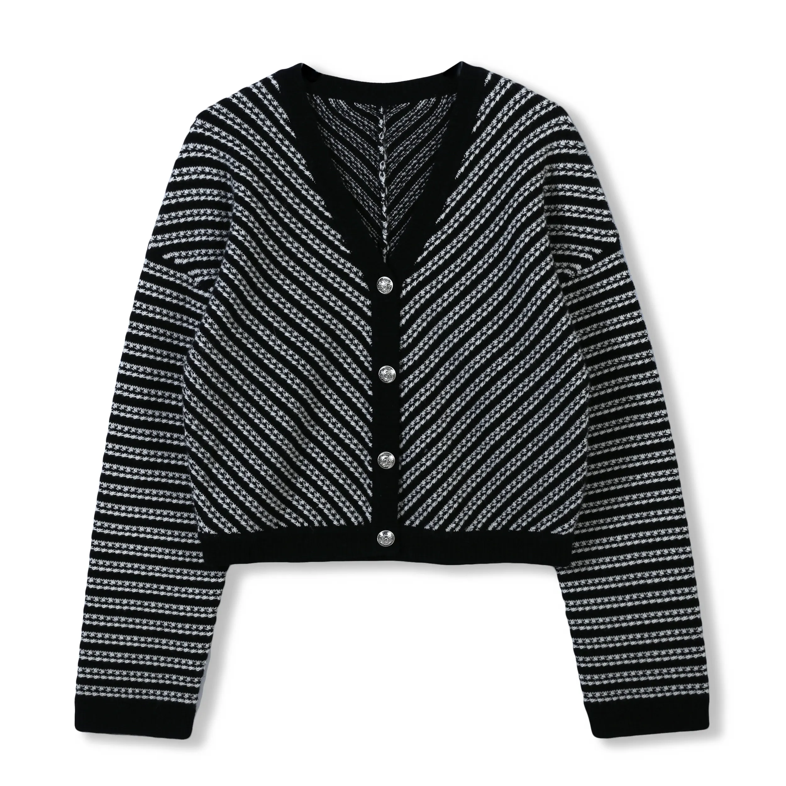 ODM Cardigan di lusso a maniche lunghe con scollo a V elegante maglione lavorato a righe in sbieco in metallo di alta qualità autunno corto di spessore