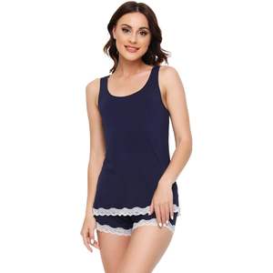 Pijamas de Viscosa Personalizadas para Mujer, Conjunto de Camiseta sin Mangas y Pantalones Cortos de Verano, Color Azul Marino, Talla Grande, Ropa de Dormir, Ajuste Cómodo y Fresco - Product Image 6