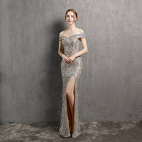 Robe de soirée sexy pour femmes, sans bretelles, en satin, brodée de paillettes, silhouette sirène/trompette, soutien-gorge intégré