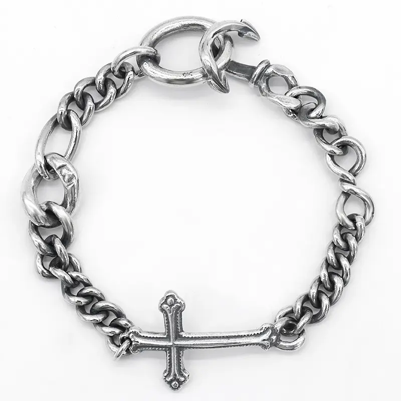 S925 Silver Cuban Cross Hook Bracelet Retro HipHop Personality Versatile Thai Silver Anchor Bracelet