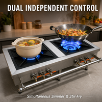 Cuisinière à gaz commerciale avec trois brûleurs et commande de valve indépendante, allumage manuel, acier inoxydable, 2 brûleurs