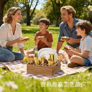 Wooden Cutlery <b>Storage</b> <b>Box</b> Rectangular Portable Picnic Organizer For Outdoor <b>Camping</b> Utensil Set With Plate And Cup Holder - Product Image 1