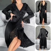 Robe de nuit élégante à col en V et manches longues, sexy, en satin, pour femme, avec ourlet à volants, très vendue