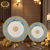 Ensemble de 2 assiettes de dîner 10,5 et 8 pouces, couleur or royal et bleu ciel, nouvelle collection de luxe, vaisselle résistante au four pour la maison et les restaurants