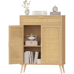 Buffet autoportant en bois et rotin avec 2 portes et grand tiroir organisateur d'armoire de rangement au sol pour la salle de bain - Product Image 2