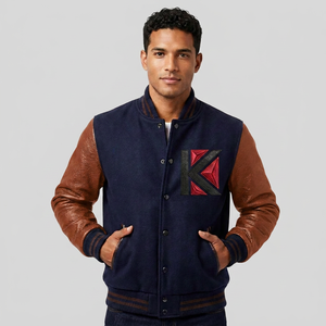 Veste universitaire en laine bleu royal pour hommes, marron foncé, peau de vache blanchie, manches en cuir, broderie, décoration, patch chenille, hiver - Product Image 3