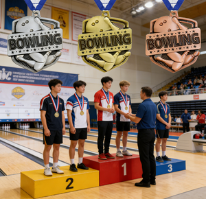 Médailles de tournoi de bowling en or, argent et bronze personnalisables en gros avec rubans rouges, blancs et bleus pour souvenirs de matchs de football - Product Image 2