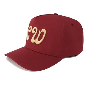 Rahat sıcak tasarım özel 5 kırmızı Panel yetişkinler kavisli Brim yapılandırılmış kişiselleştirilmiş şapka 3D nakış logosu ile Metal toka