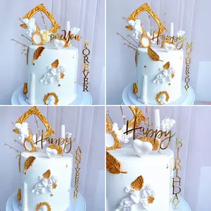 Yeni tasarım mutlu yıldönümü doğum günü pastası tasarımları dikey altın arka kek Topper