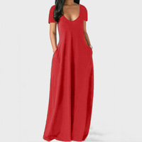 Robe d'été simple à manches courtes, col en V, poches enveloppantes, élégante robe décontractée pour femmes, robes longues de grande taille