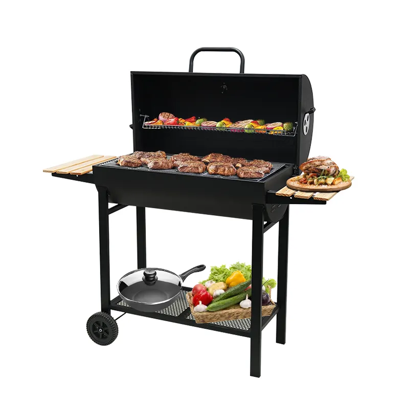 Tuin Trolley Houtskool Barbecue Vlees Vat Trommel Grills Bbq Roker Met Bijzettafel