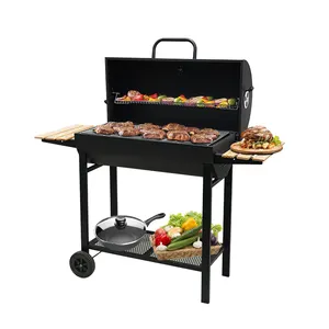 Outdoor Garden Trolley Barbecue Meat Barrel Drum Charcoal Bbq Smoker Grill With Side Table