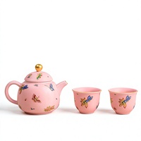 Service à thé en porcelaine rose Pine Pavilion avec motif papillon et fleur, une théière, deux tasses, style classique de luxe, vaisselle durable pour la maison