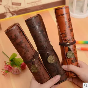 Roll Foldable Leather Pencil Bag Case Makeup Brush Pouch