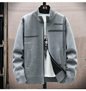 Sonbahar Kış Sınır Ötesi Erkek Hırkası Çizgili Örme Fermuarlı Yaka Günlük İş Modası Süveter Orta Yaşlı - Product Image 2