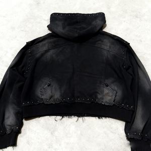 Fabricant OEM de vêtements : Sweat à capuche zippé pour homme, style streetwear, en molleton bouclette, délavé soleil, délavé à l'acide, avec rivets et strass, grammage lourd, personnalisable - Product Image 2
