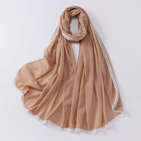Été Nouveau Fancy White Lace Flower Edge Chiffon Scarl Shawl Muslim Malaysian Women Solid Color Pearl Chiffon Hijabs Soft Turbans