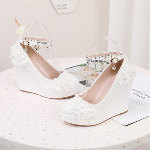 S4637F - Zapatos de Novia de Tacón de Cuña con Punta Redonda y Color Sólido, Talla Única, Blancos, de Boca Poco Profunda para Mujer - Product Image 4