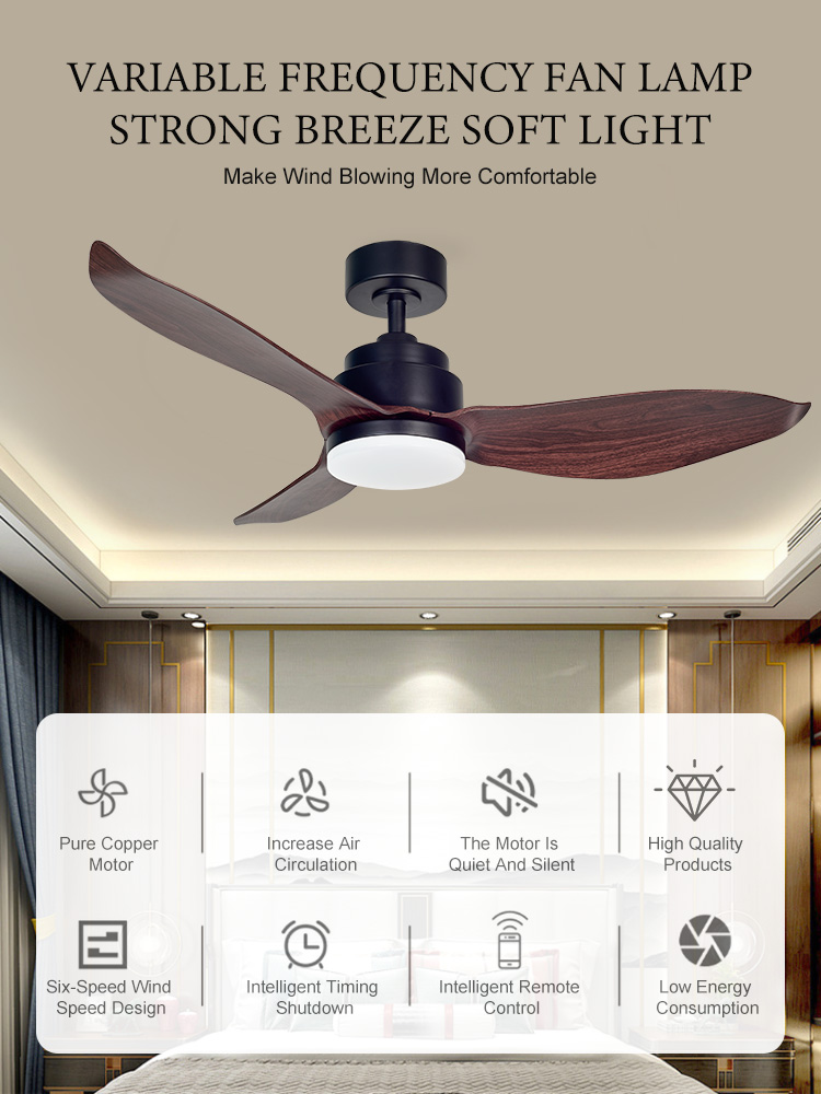 ceiling fan wooden grain  LED light fan 52 46 36 inch 3 blade Remote Control for Home DC Motor Tuya App Control