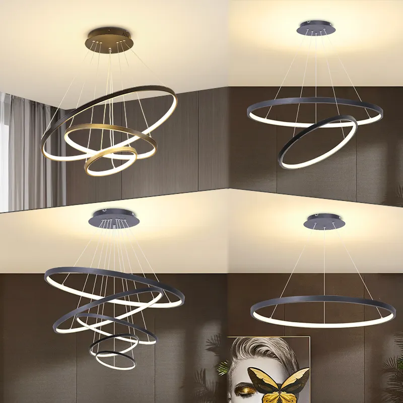 Custom Hotel Project moderno soggiorno camera da letto con soffitto rotondo nero lampadario anello cerchio Led luce pendente