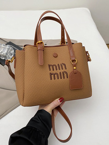 Luxury Designer Inspired Canvas Leather Trim Bucket <b>Tote</b> <b>Bag</b> Women With Embroidery Lettering - Product Image 3