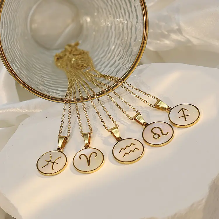 Kalung liontin horoskop desain unik perhiasan khusus emas 18k baja tahan karat 12 tanda zodiak