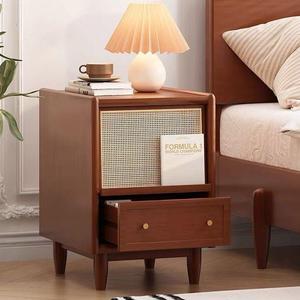 Solid Wood Nightstand With <b>Rattan</b> <b>Panel</b> LED Lighting Modern Minimalist Bedroom Side Table - Product Image 4
