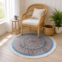 Tapis de sol rond bleu persan à motif floral octogonal pour salon, vente en gros, 100 cm