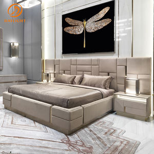 Дизайнерские современные кровати в европейском стиле, деревянный каркас, комфортный набор, бежевая белая кожаная мебель - Product Image 2