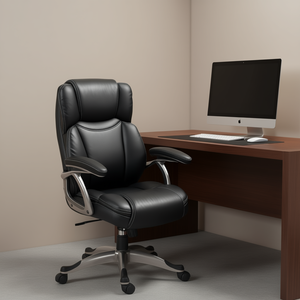 Chaise de bureau pivotante en cuir PU, grande et haute, réglable en hauteur, fonction d'inclinaison, base en métal, chaise de bureau noire - Product Image 2