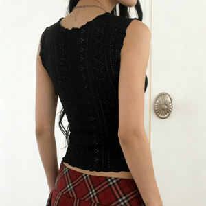 เสื้อสายเดี่ยวแต่งลูกไม้สีดำสไตล์ Y2K, เสื้อกล้ามรัดรูปผูกโบว์ด้านหน้า, เสื้อปักลายตาไก่น่ารักสำหรับฤดูร้อนสำหรับผู้หญิง - Product Image 6