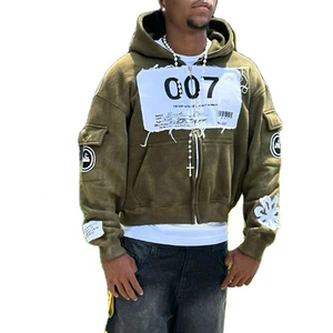 Acepte logotipo personalizado de gran tamaño desgastado ácido lavado Sudadera con capucha con corte inferior vintage recortada sudaderas con capucha hombres - Product Image 5