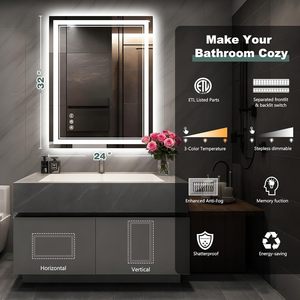 Miroir de salle de bain LED avec lumières : 24 x 32 pouces, miroir mural grand format éclairé, anti-buée, à intensité variable, fonction mémoire - Product Image 2
