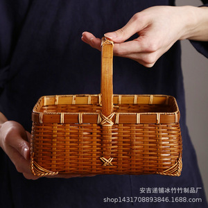 Bamboo Woven <b>Basket</b> Round <b>Storage</b> Kitchen Fruit Container Antique Style Handheld - Product Image 2
