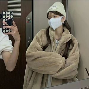 Fleece Jacket Women Winter Thick Loose Fit Zip-Up Hooded Coat Khaki Off-White Full Sleeve Cotton Filling - Product Image 2