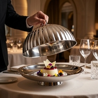 Plateau de service en acier inoxydable poli miroir avec couvercle en dôme, plateau de présentation alimentaire pour hôtel, restaurant, traiteur, fête