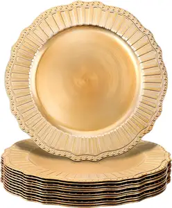 Reusable Beaded Server Ware Serving Trays Christmas Dinner Table 13Inch Gold Plastic Round Charger Plates for Wedding