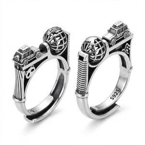 Anillo de Plata de Ley 925 con Acabado Vintage y Desgastado, con Globo Giratorio y Dije de <span class=keywords><strong>Coche</strong></span> SUV, Estilo Motero Retro, Banda Abierta Ajustable para Hombre - Product Image 3