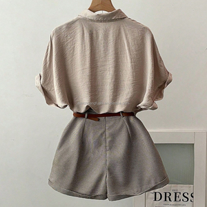 Ensemble deux pièces personnalisé en lin : chemise à manches courtes et <span class=keywords><strong>short</strong></span> <span class=keywords><strong>pied</strong></span>-<span class=keywords><strong>de</strong></span>-<span class=keywords><strong>poule</strong></span>, style rétro décontracté pour <span class=keywords><strong>femme</strong></span>, avec blouse et pantalon large, OEM - Product Image 4
