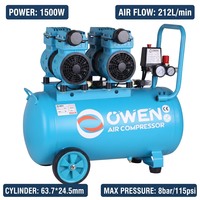 Compresseur d'air à piston portable silencieux sans huile certifié CE TUV professionnel 1500W, débit élevé 212L/min, norme européenne, double tête