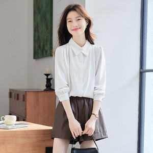 Women's Blue Long Sleeve Shirt Solid Color Poplin Workwear Office Wear - Product Image 2