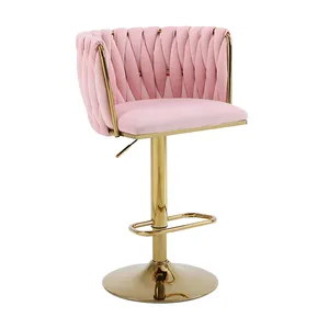ม้านั่งสูงโต๊ะทำจากโลหะสีทองแบบปรับได้เก้าอี้บาร์ทรงสูงทำจากผ้ากำมะหยี่ทันสมัย