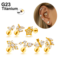 Maina New ASTM F136 Titanium Cartilage Earrings CZ Leaves Internally Thread Labret Flat Back Earring Tragus Lip Piercing Jewelry