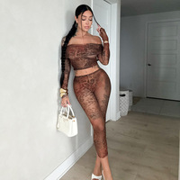 Ensemble d'été 2 pièces Sexy Leopard Print Mesh Off Shoulder Crop Top Cropped Pants Women Matching Sets