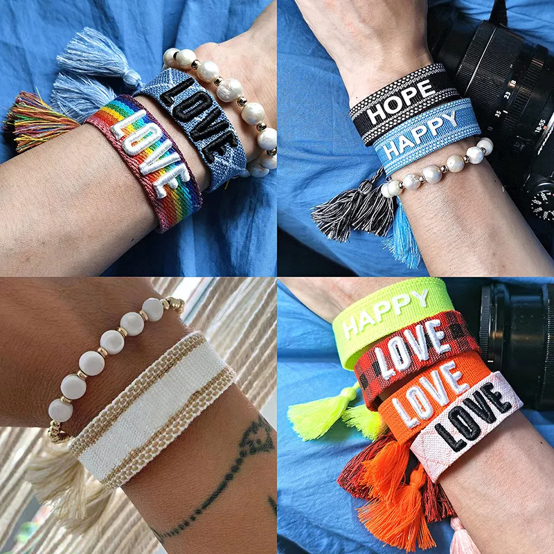Factory spot wholesale charm fabric friendship woven embroidery bracelet with tassel handmade woven bracelet with texts