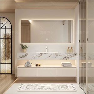 Cream Colored Solid Wood Bathroom Vanity With Corian Integrated Basin And Mirror Cabinet Modern Design - Product Image 1
